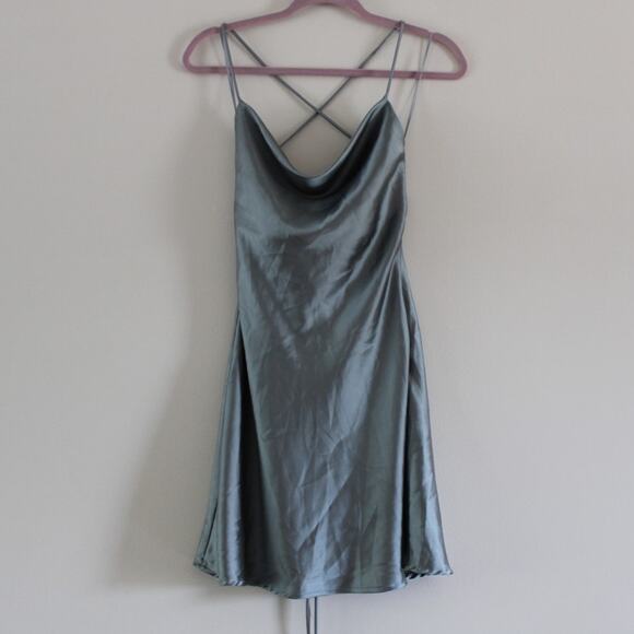 Le Lis Show Me a Good Time Slip Mini Dress in Pewter Satin Green Lace Back Drape - Picture 2 of 4